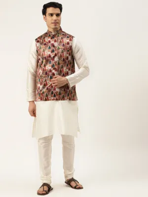 Men's Silk Blend Off White Kurta Pyjama & Magenta Nehrujacket Combo - Sojanya