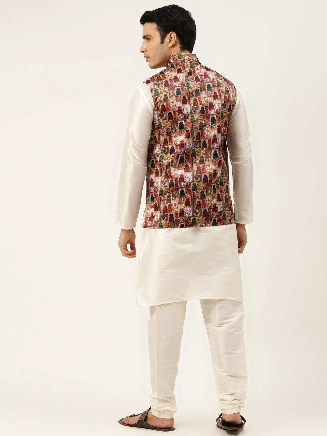 Men's Silk Blend Off White Kurta Pyjama & Magenta Nehrujacket Combo - Sojanya