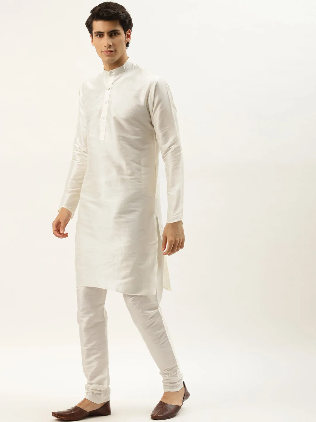 Men's Silk Blend Off White Kurta Pyjama & Tan Nehrujacket Combo - Sojanya