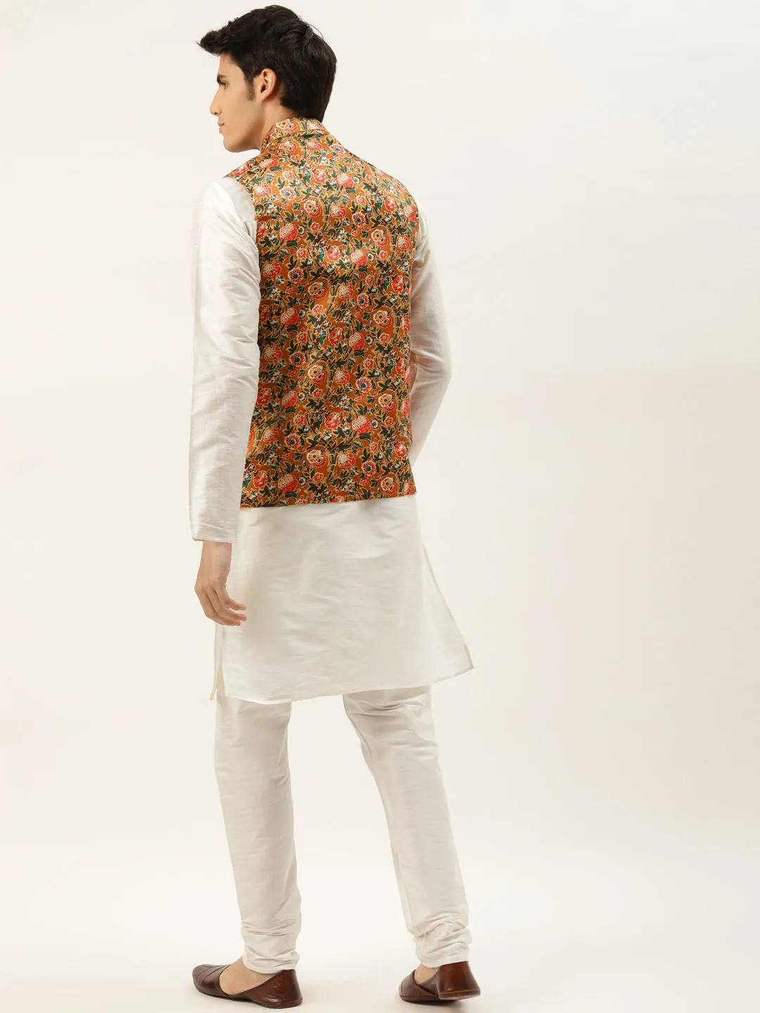 Men's Silk Blend Off White Kurta Pyjama & Tan Nehrujacket Combo - Sojanya