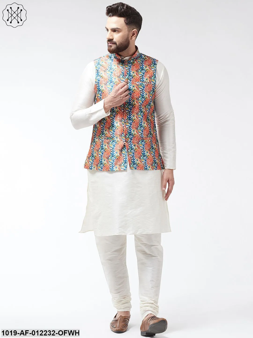 Men's Silk Blend Offwhite Kurta With Pyjama & Blue Printed Nehrujacket Combo - Sojanya