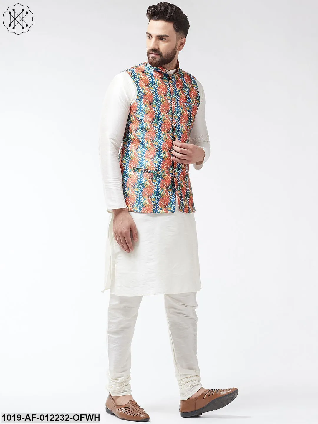 Men's Silk Blend Offwhite Kurta With Pyjama & Blue Printed Nehrujacket Combo - Sojanya