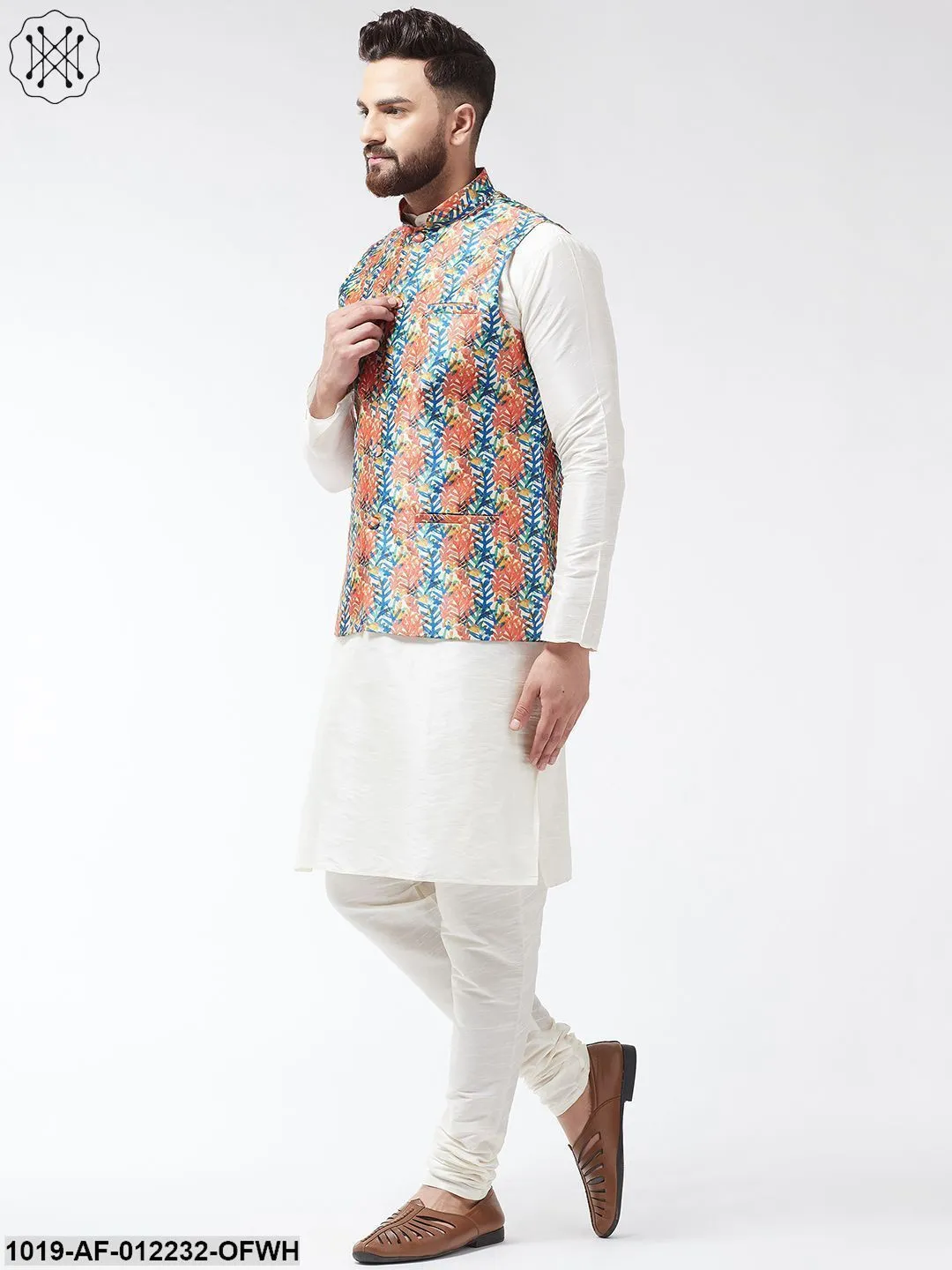 Men's Silk Blend Offwhite Kurta With Pyjama & Blue Printed Nehrujacket Combo - Sojanya