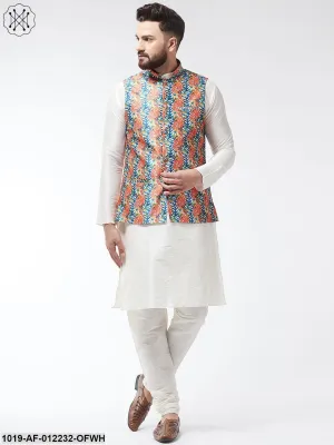 Men's Silk Blend Offwhite Kurta With Pyjama & Blue Printed Nehrujacket Combo - Sojanya