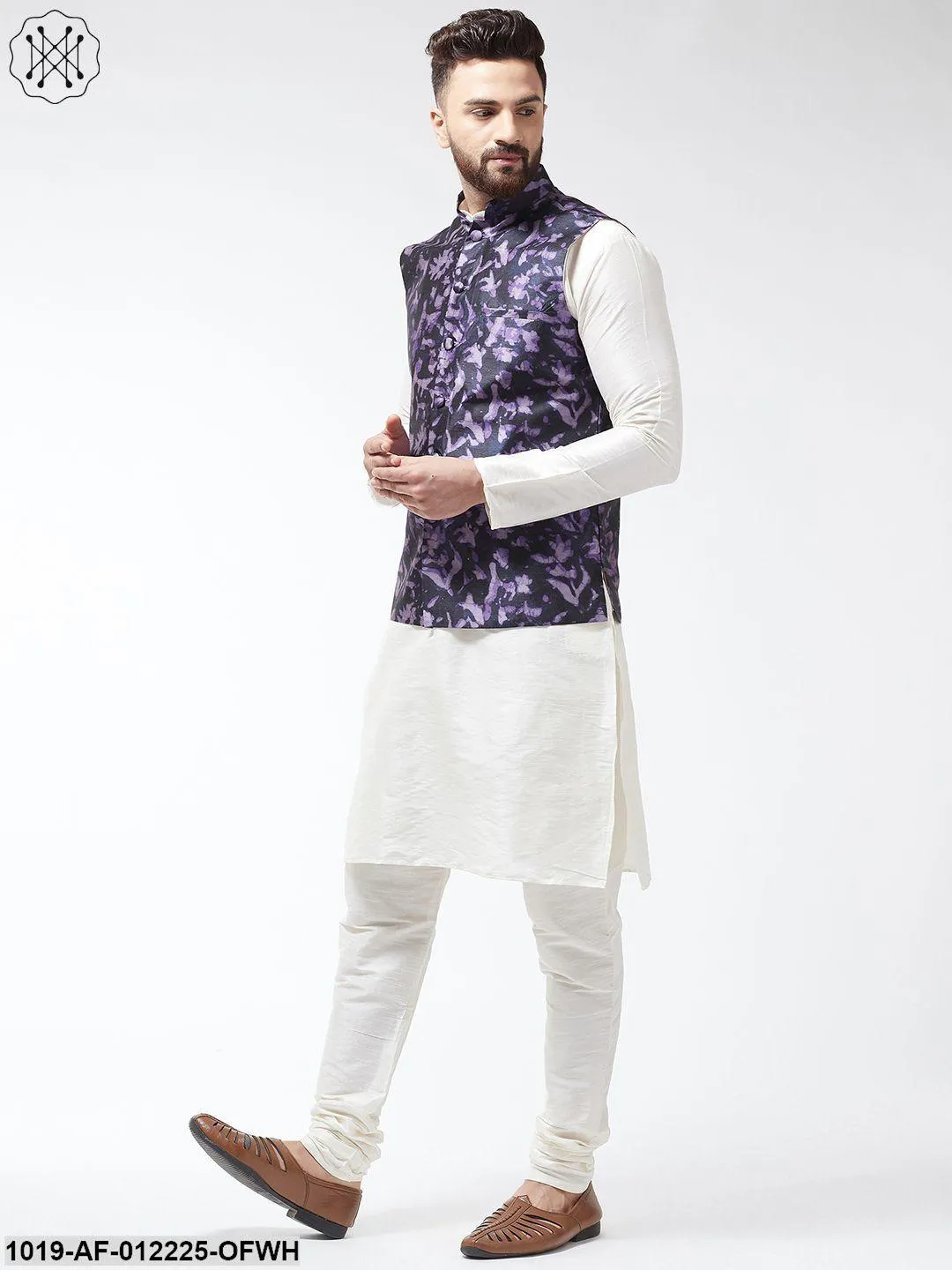 Men's Silk Blend Offwhite Kurta With Pyjama & Navyblue Printed Nehrujacket - Sojanya