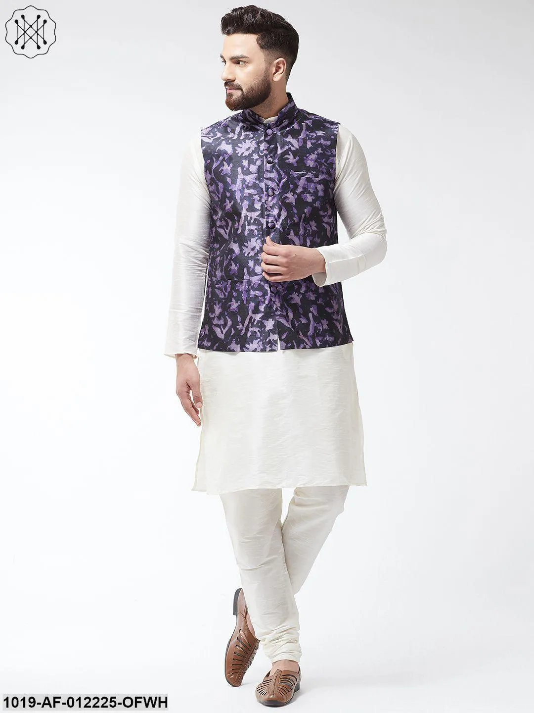 Men's Silk Blend Offwhite Kurta With Pyjama & Navyblue Printed Nehrujacket - Sojanya