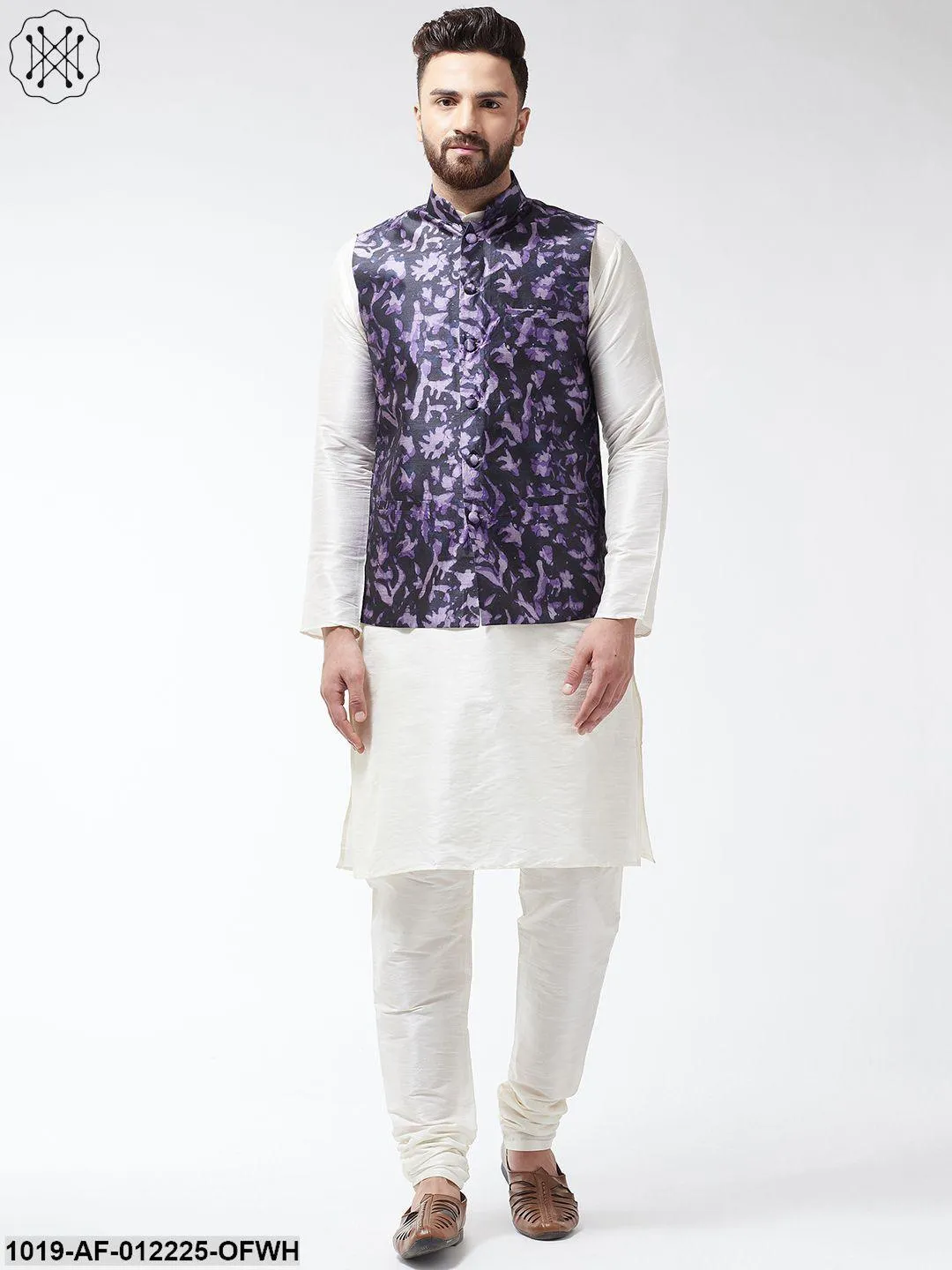 Men's Silk Blend Offwhite Kurta With Pyjama & Navyblue Printed Nehrujacket - Sojanya