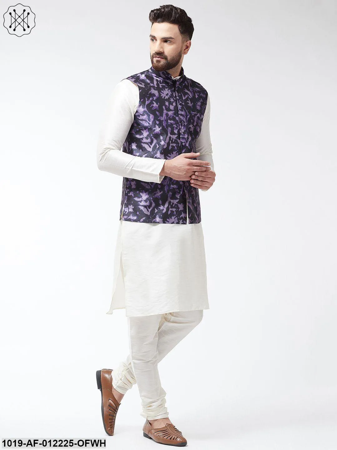 Men's Silk Blend Offwhite Kurta With Pyjama & Navyblue Printed Nehrujacket - Sojanya