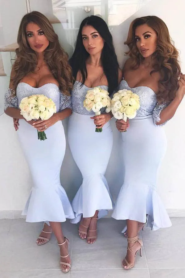 Mermaid Off-Shoulder Hi-Lo Prom Dress, Lace Drop Bodice Satin Bridesmaid Dress UQP0080