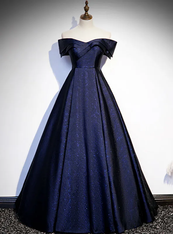 Navy Blue Satin Off the Shoulder Prom Dress