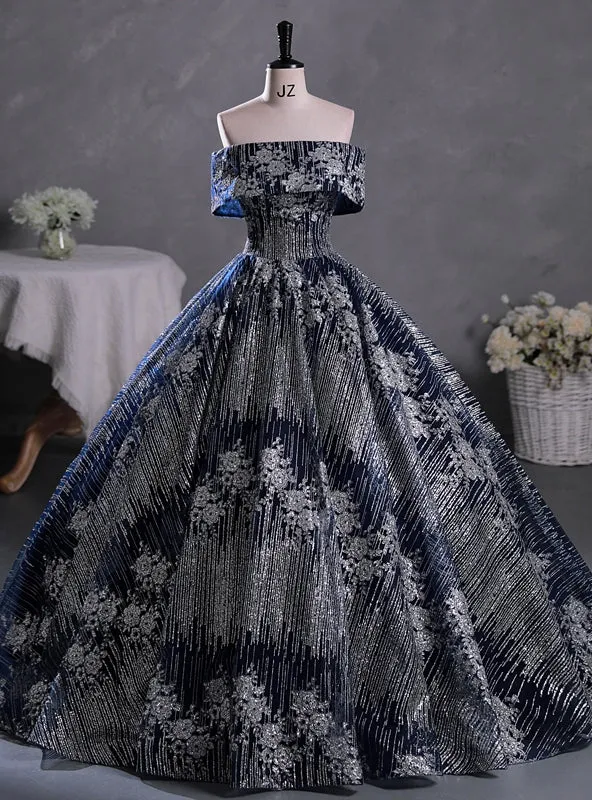 Navy Blue Silver Sequins Off the Shoulder Quinceanera Dress