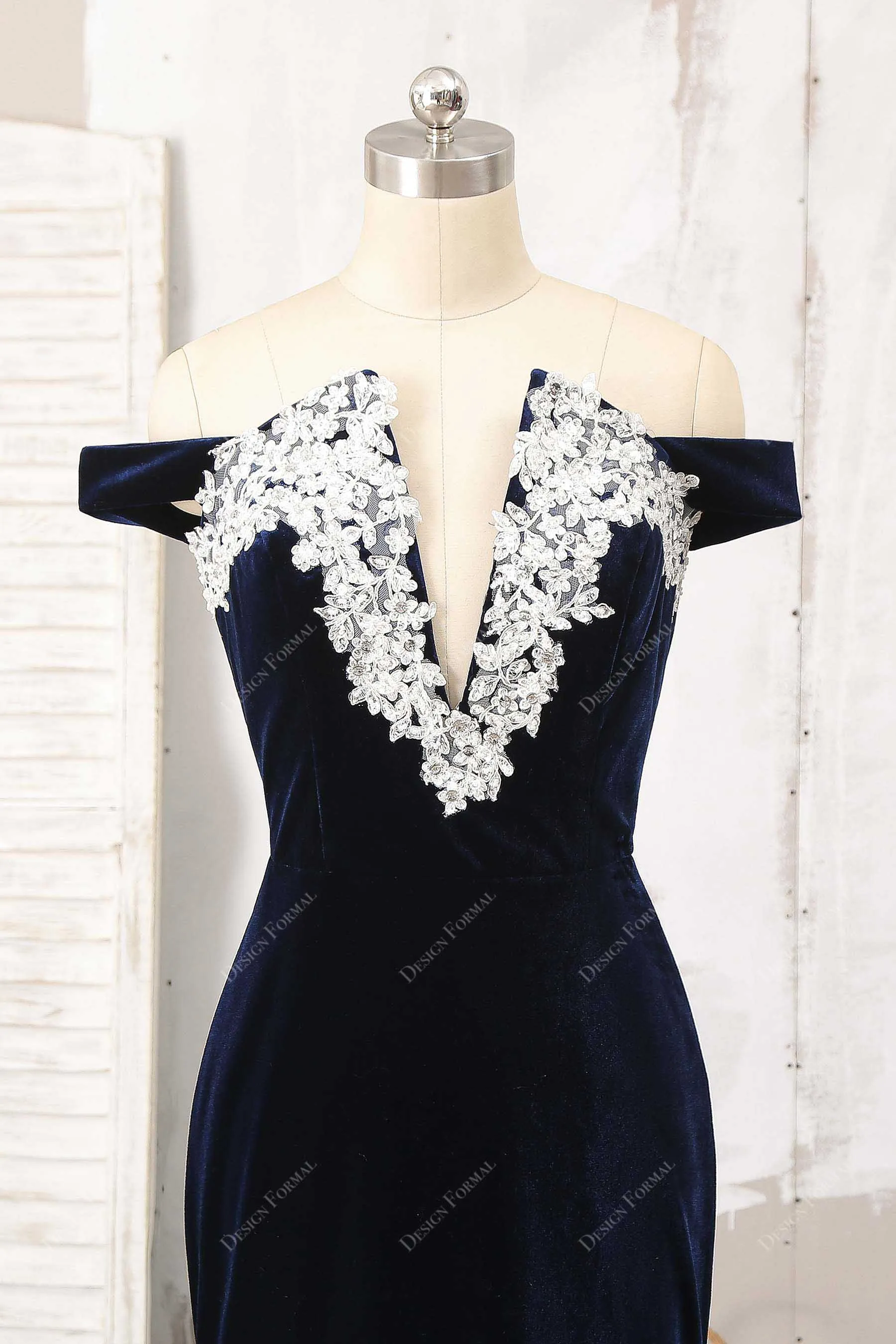 Navy Velvet Applique Off-Shoulder Mermaid Dress