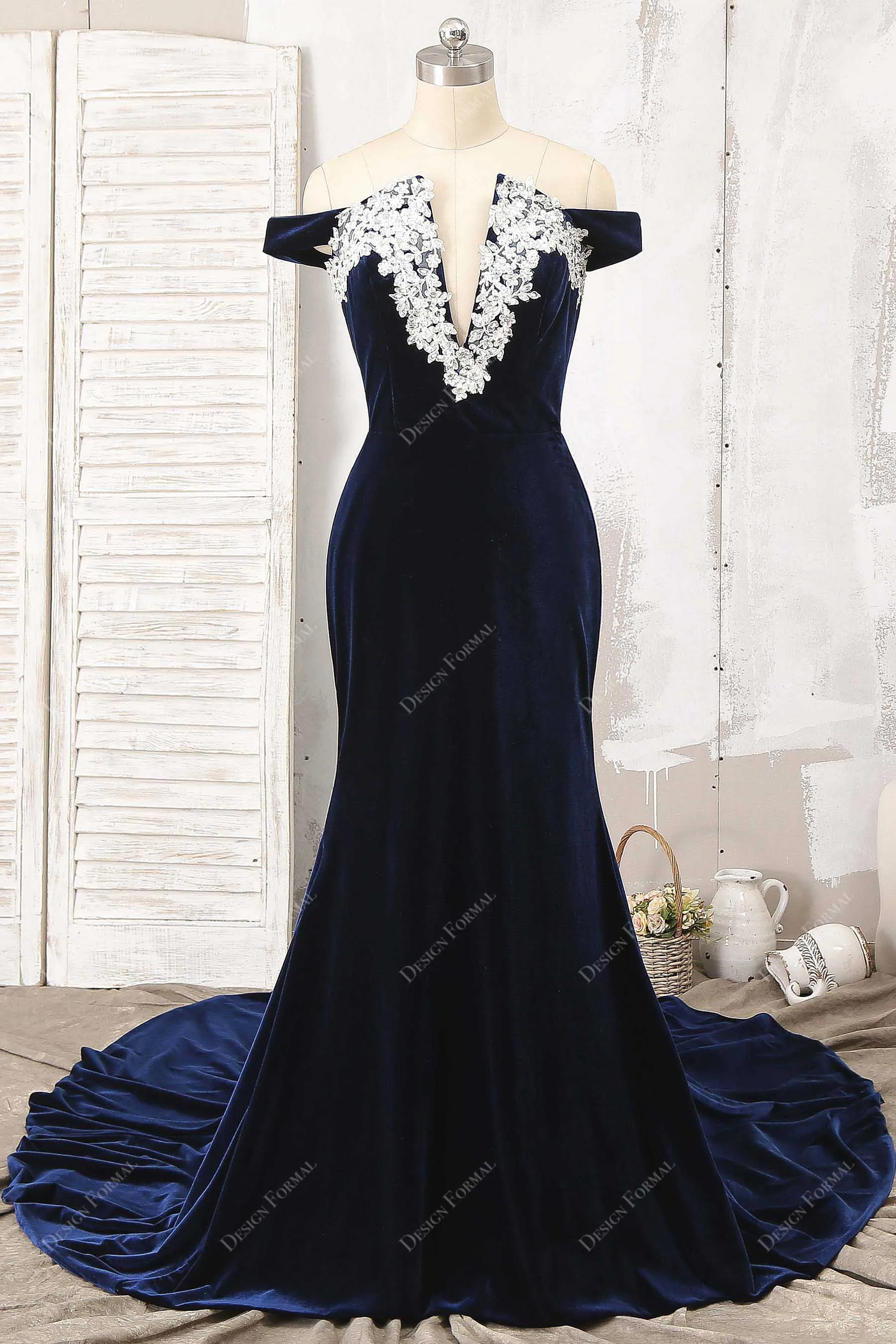 Navy Velvet Applique Off-Shoulder Mermaid Dress