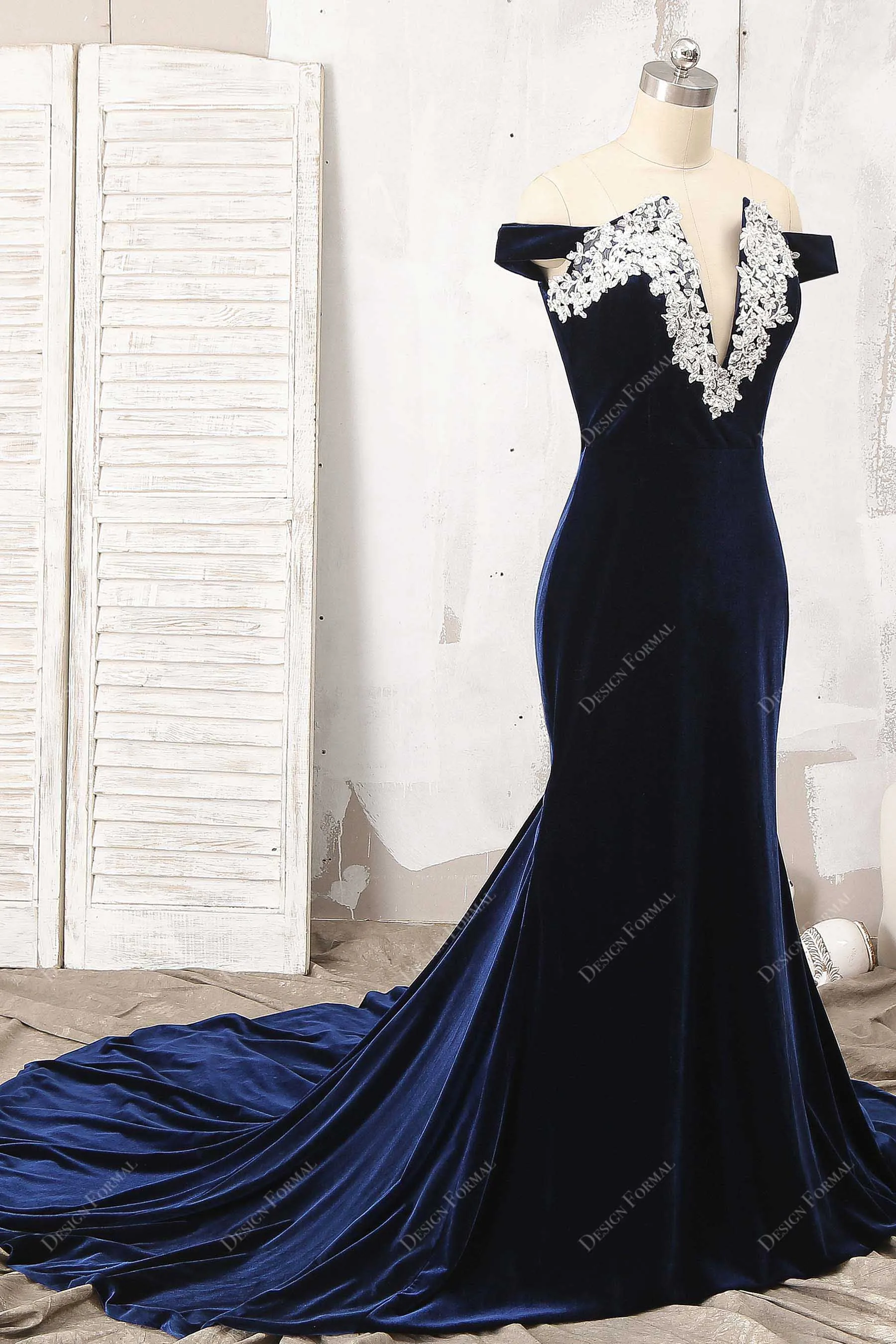 Navy Velvet Applique Off-Shoulder Mermaid Dress