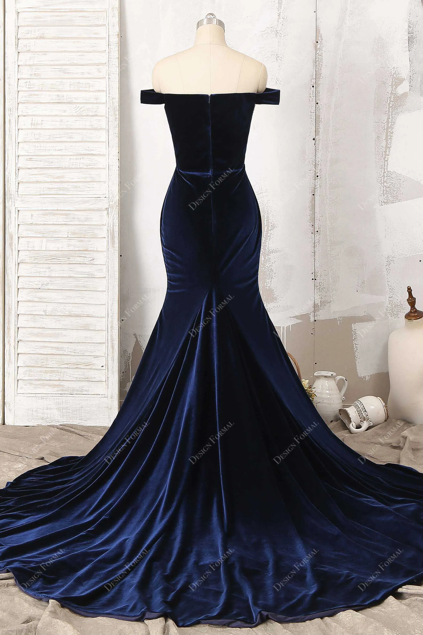 Navy Velvet Applique Off-Shoulder Mermaid Dress