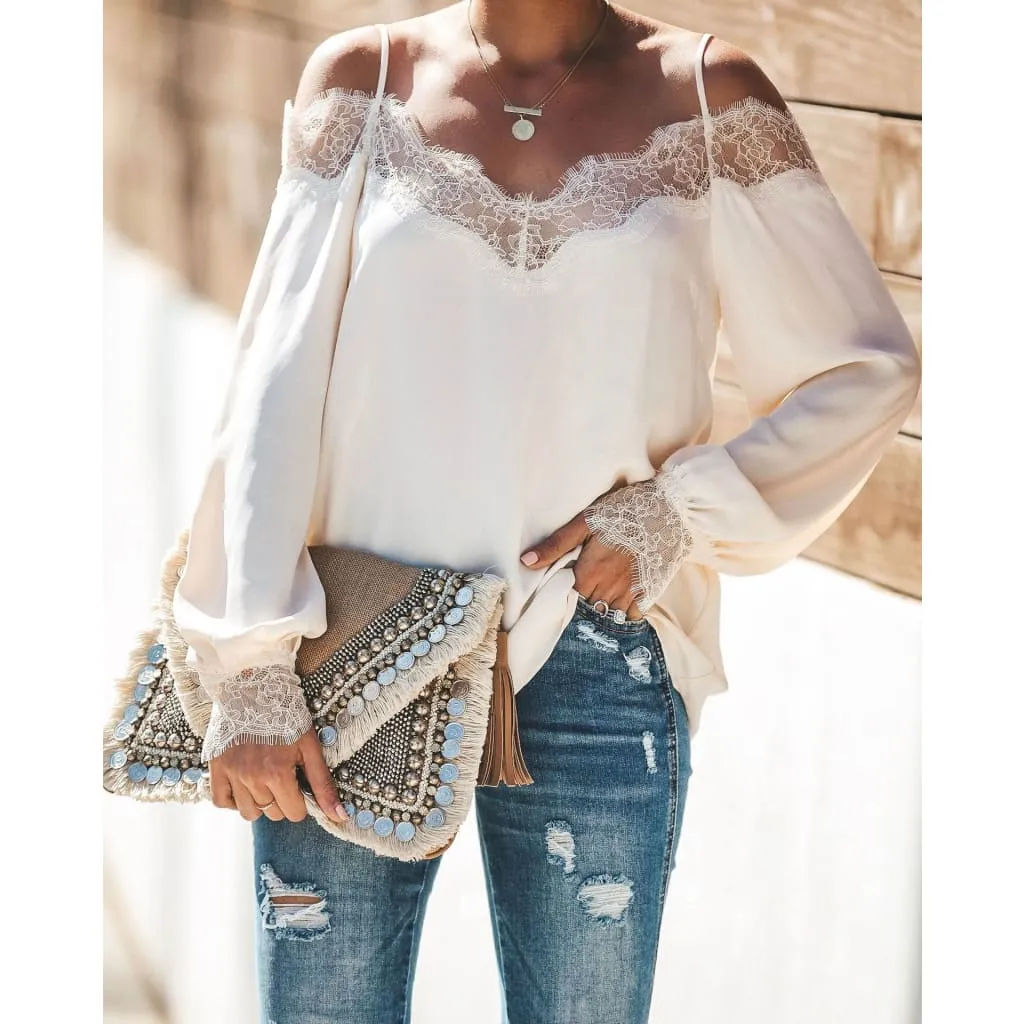 Off Shoulder Strap Guipure Lace Trim Long Sleeve Shirt