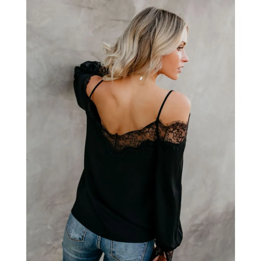 Off Shoulder Strap Guipure Lace Trim Long Sleeve Shirt