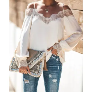 Off Shoulder Strap Guipure Lace Trim Long Sleeve Shirt