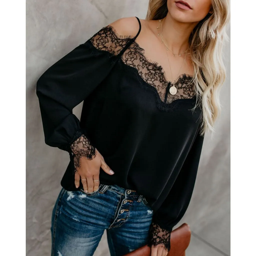 Off Shoulder Strap Guipure Lace Trim Long Sleeve Shirt