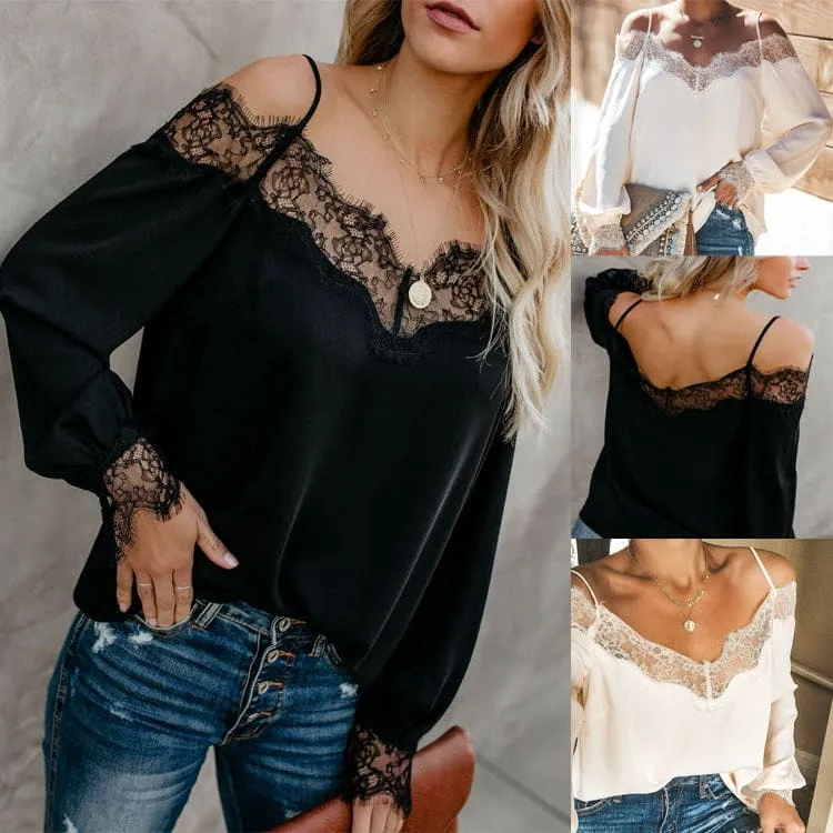 Off Shoulder Strap Guipure Lace Trim Long Sleeve Shirt