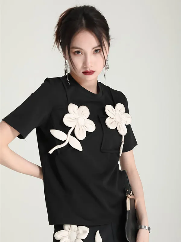 Original Stylish Applique Contrast Color T-Shirt Top