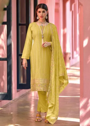 Pakistani Style Brilliant Yellow Embroidered Eid Wear Kurta Set