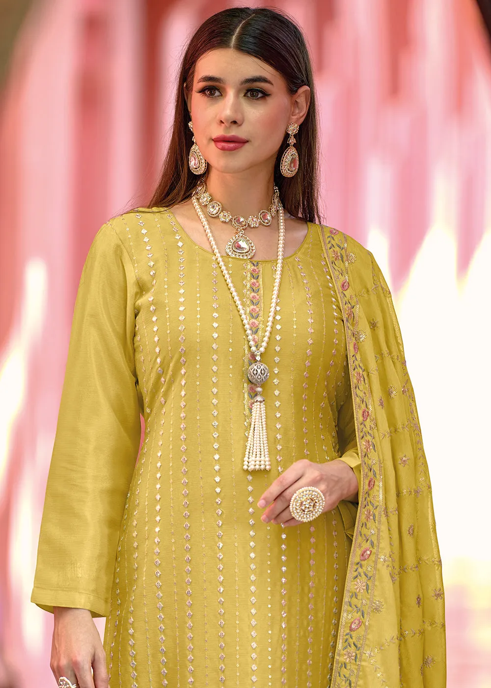 Pakistani Style Brilliant Yellow Embroidered Eid Wear Kurta Set