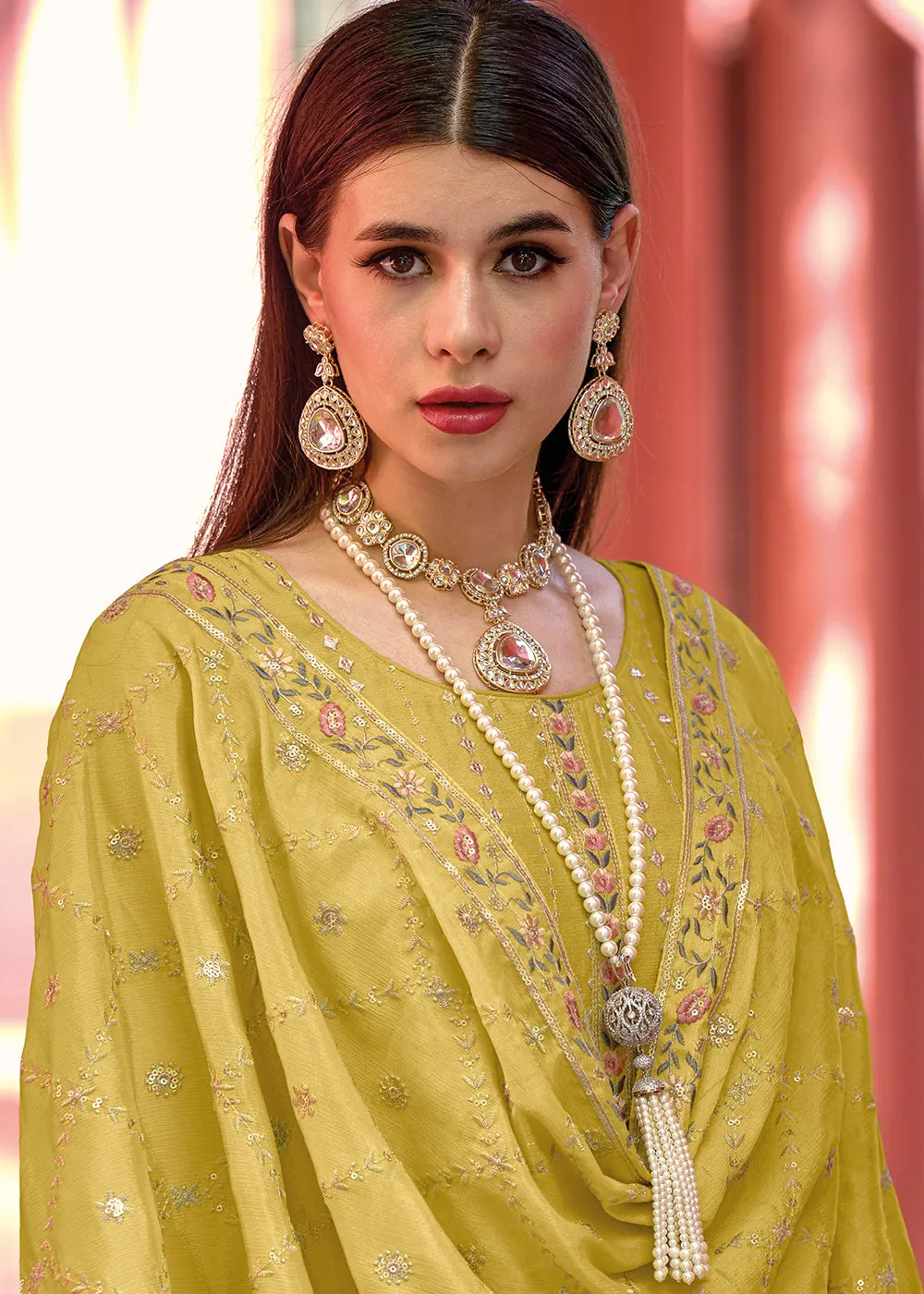 Pakistani Style Brilliant Yellow Embroidered Eid Wear Kurta Set