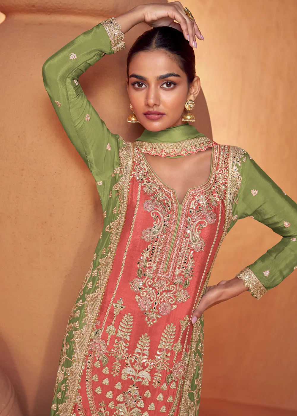 Peach & Green Embroidered Wedding Sharara Suit