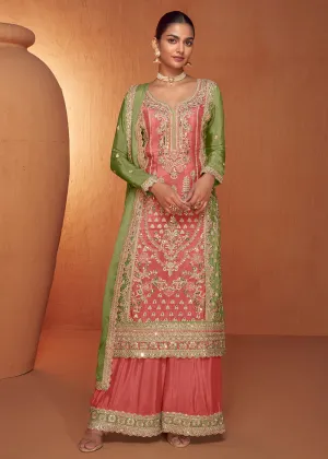 Peach & Green Embroidered Wedding Sharara Suit