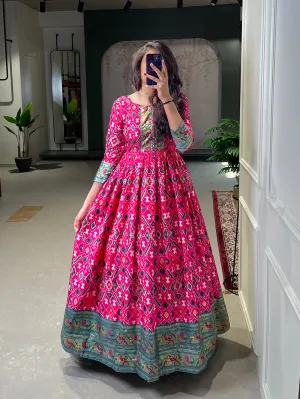 Pink Color Patola Paithani Printed And Foil Printed Silk Gown