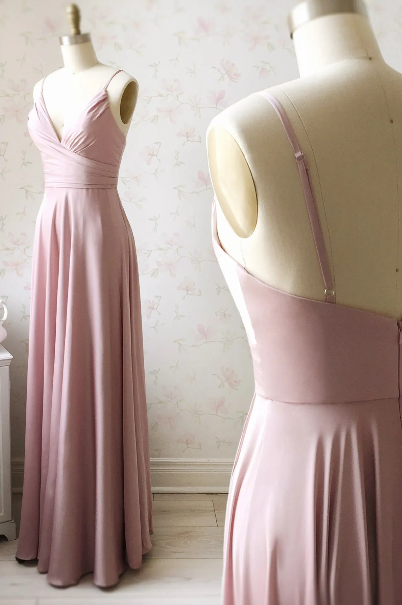 Pink V-Neck Satin Long Prom Dress A-Line Evening Dress