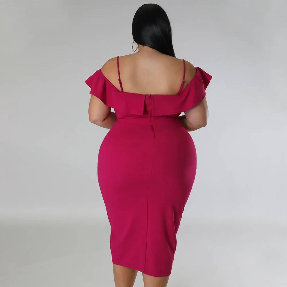 Plus Size Women Sweet Solid Color Dress off Neck Midi Dress