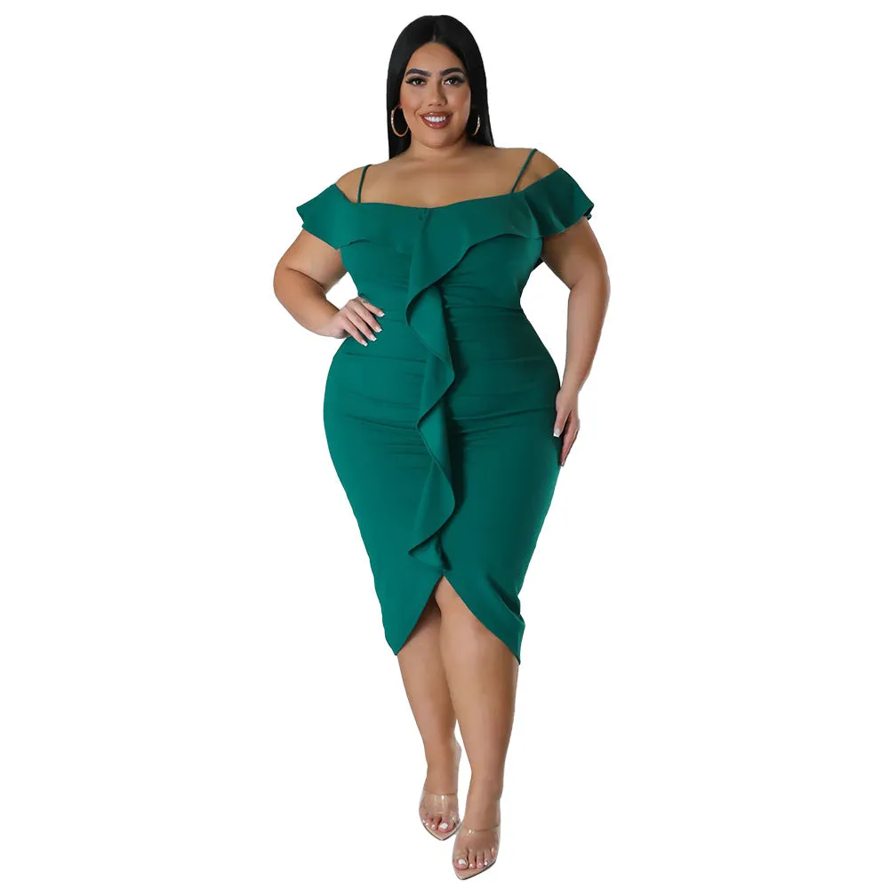 Plus Size Women Sweet Solid Color Dress off Neck Midi Dress