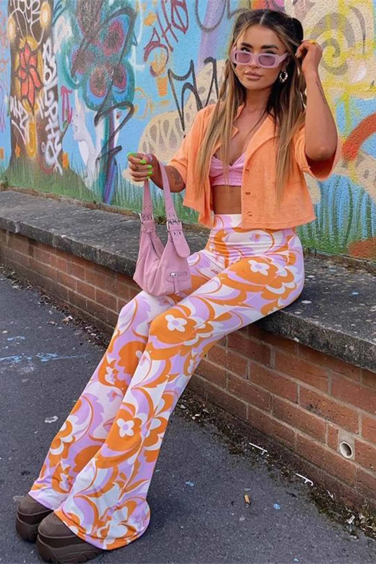 Printed Contrast Color Flared Pants