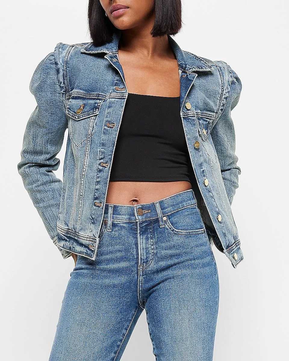 Puff Sleeve Denim Jacket in Light Wash