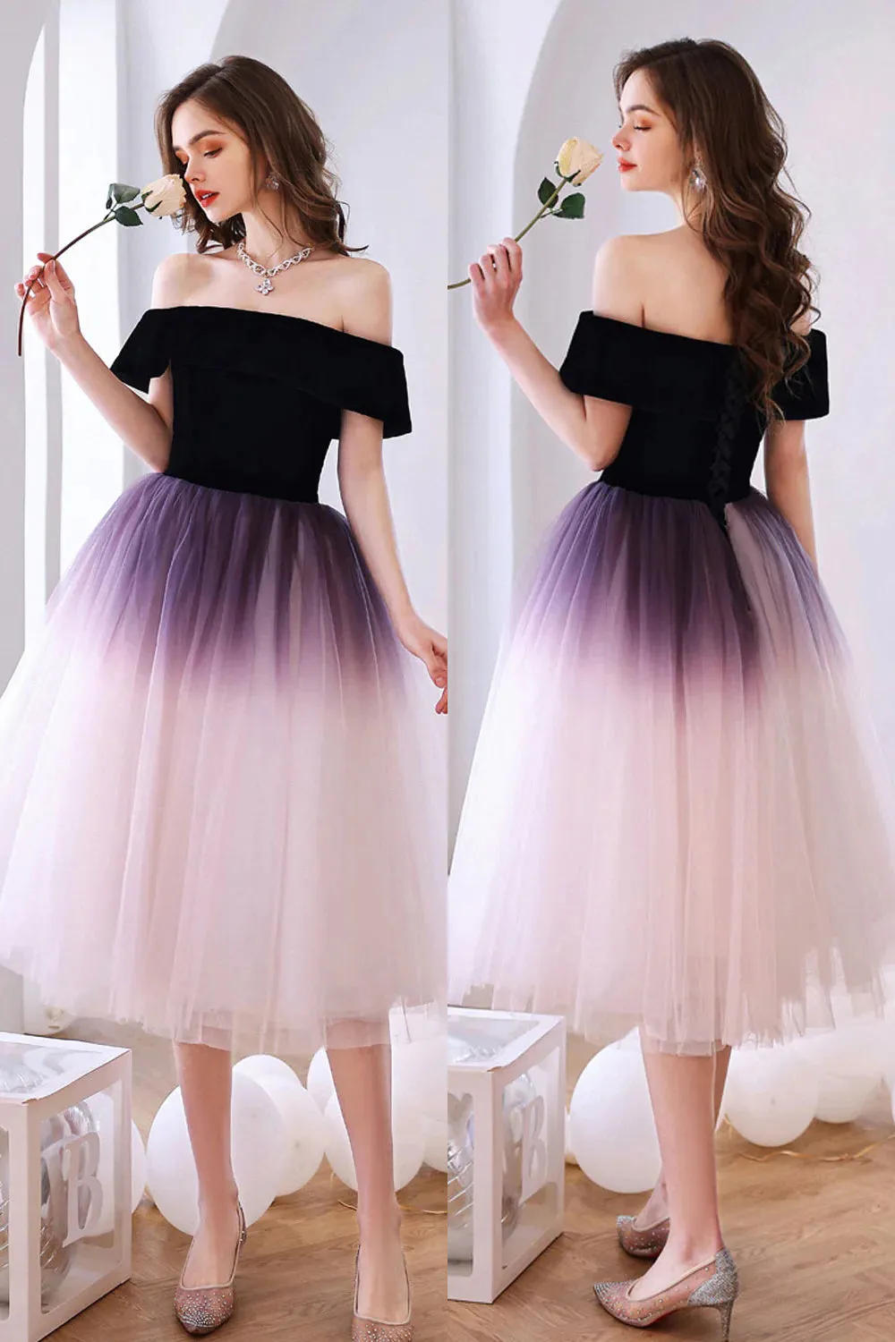 Purple A Line Ombre Off the Shoulder Tulle Tea-Length Homecoming Dress UQH0181