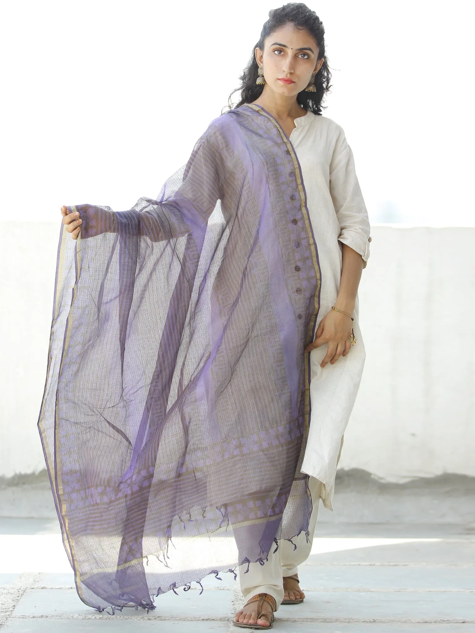 Purple Grey Kota Silk Hand Block Printed Dupatta - D04170549