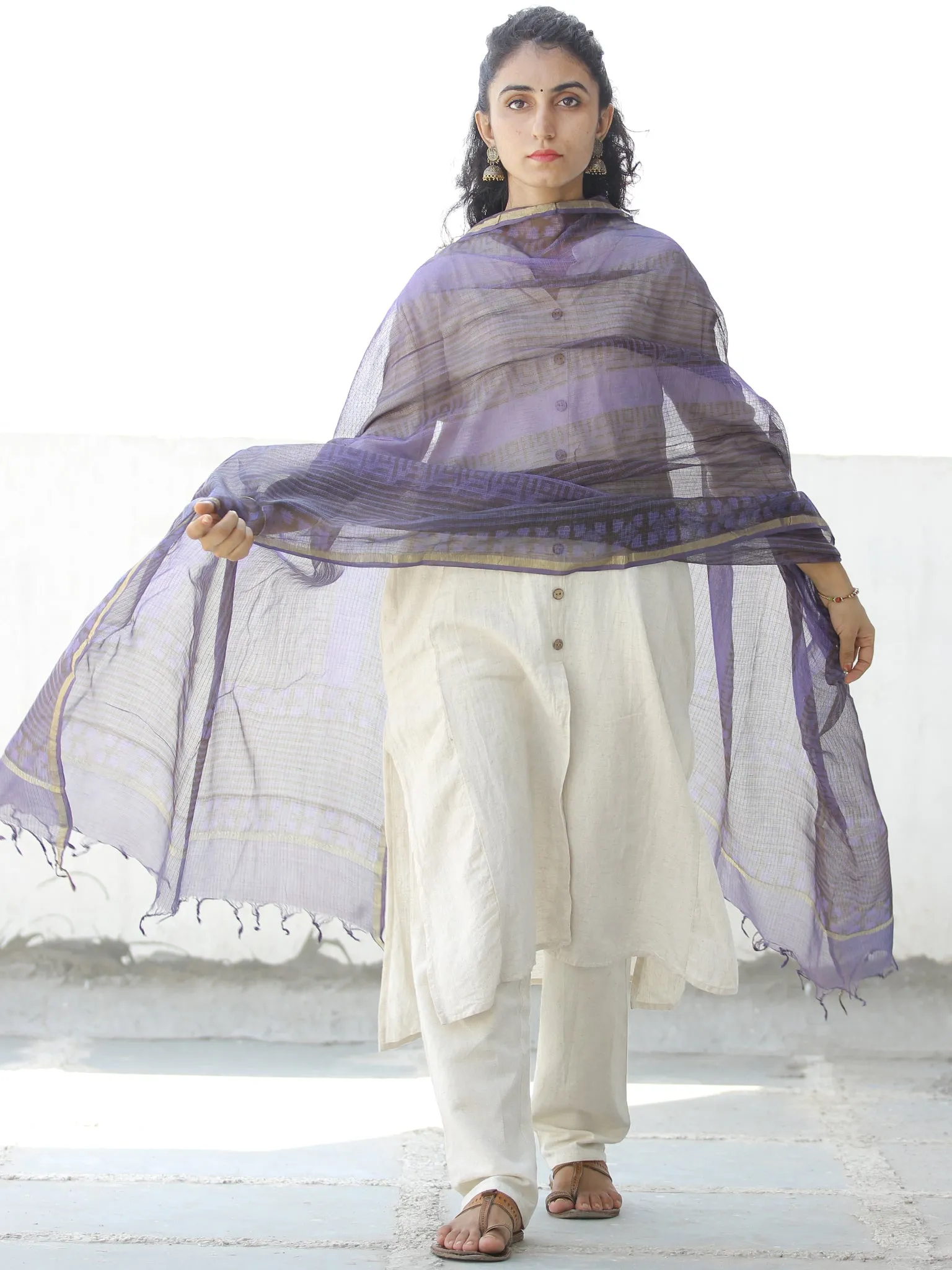 Purple Grey Kota Silk Hand Block Printed Dupatta - D04170549