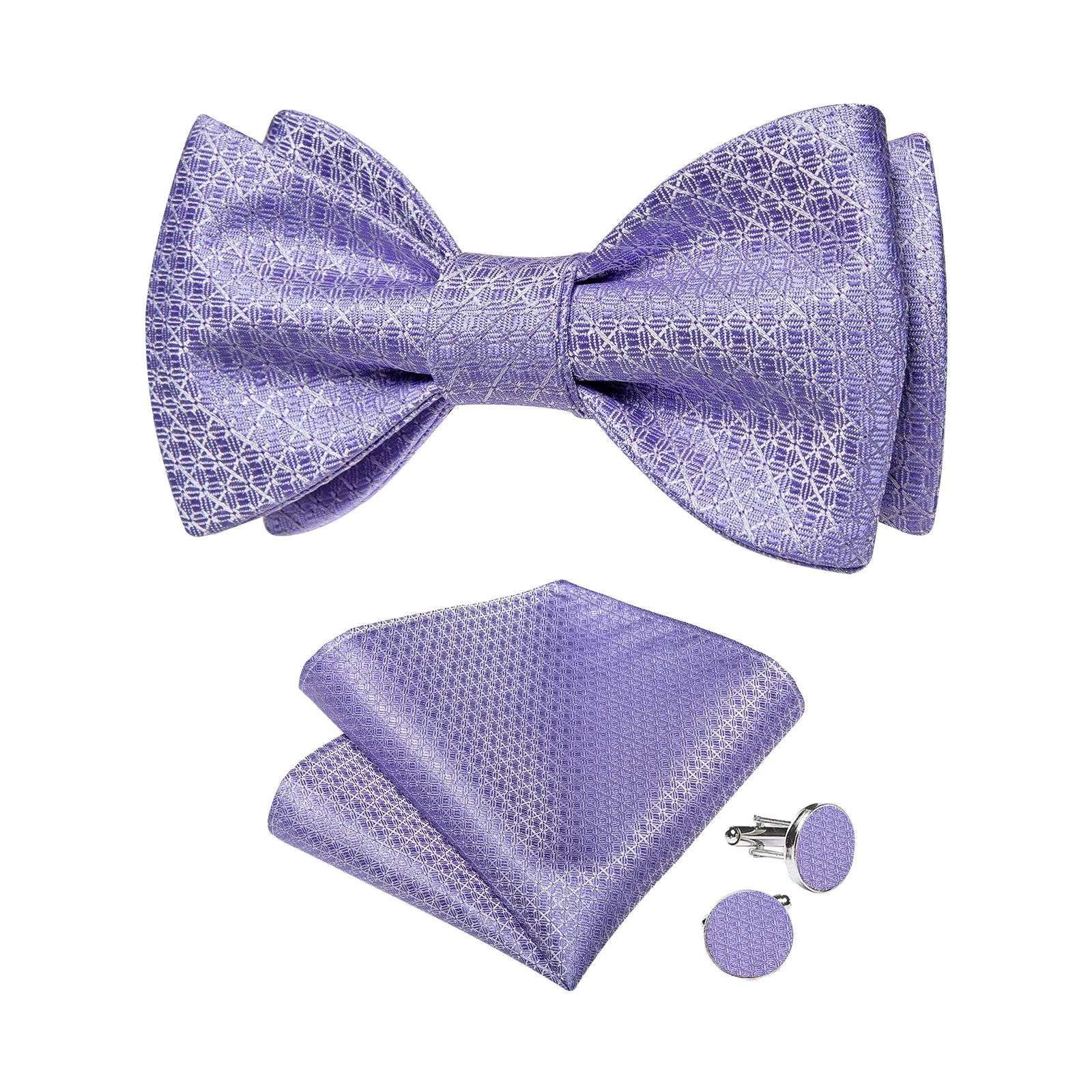 Purple Solid Silk Men's Pre-Bowtie Pocket Square Cufflinks Set