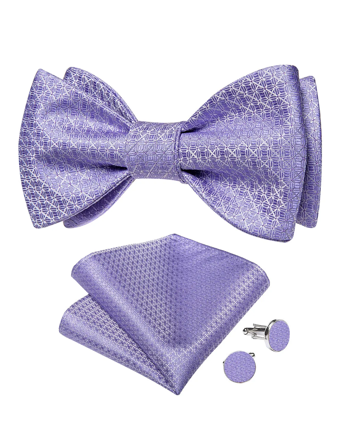 Purple Solid Silk Men's Pre-Bowtie Pocket Square Cufflinks Set