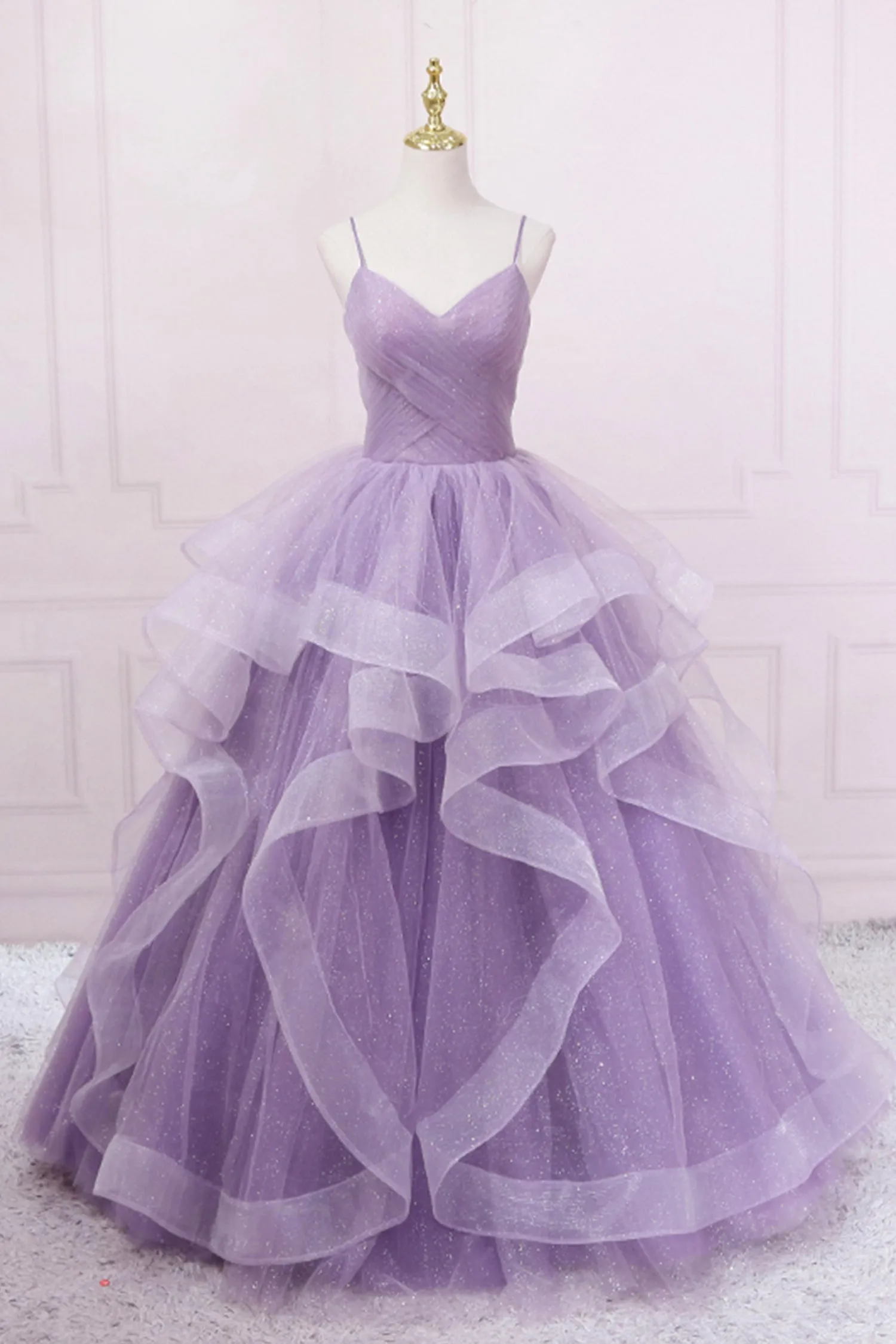 Purple Tulle Long Prom Dress A-Line Spaghetti Strap Evening Gown