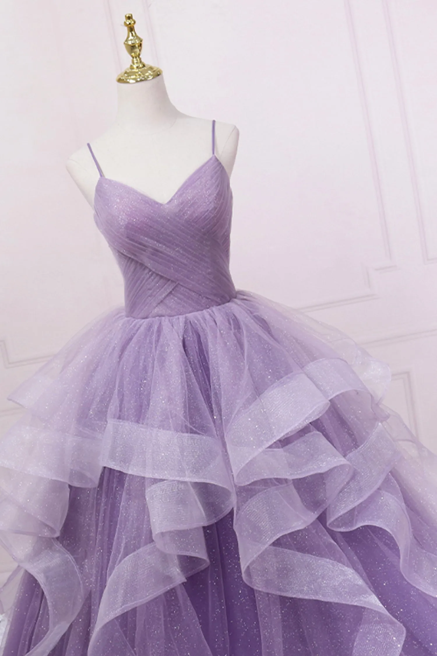 Purple Tulle Long Prom Dress A-Line Spaghetti Strap Evening Gown