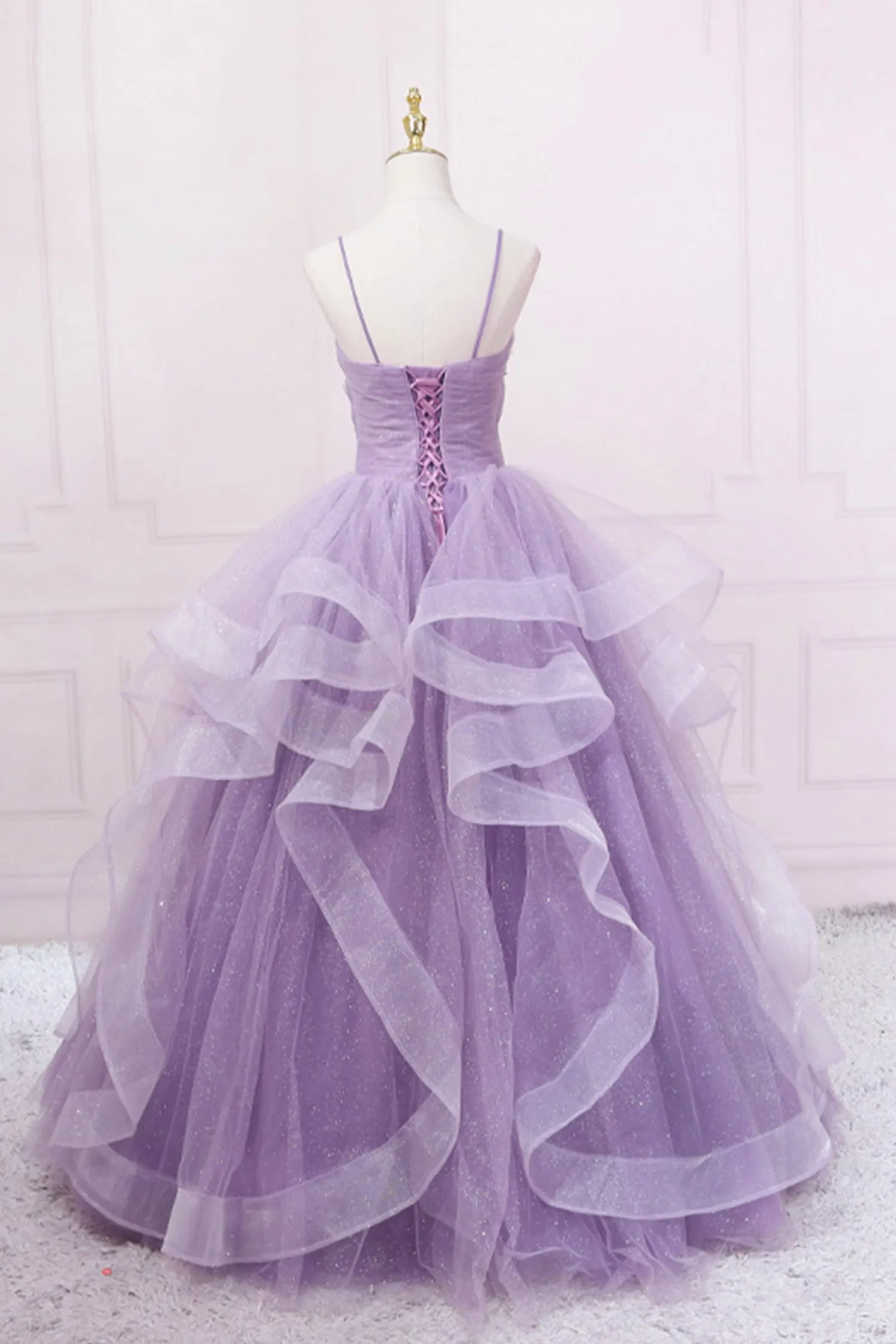 Purple Tulle Long Prom Dress A-Line Spaghetti Strap Evening Gown