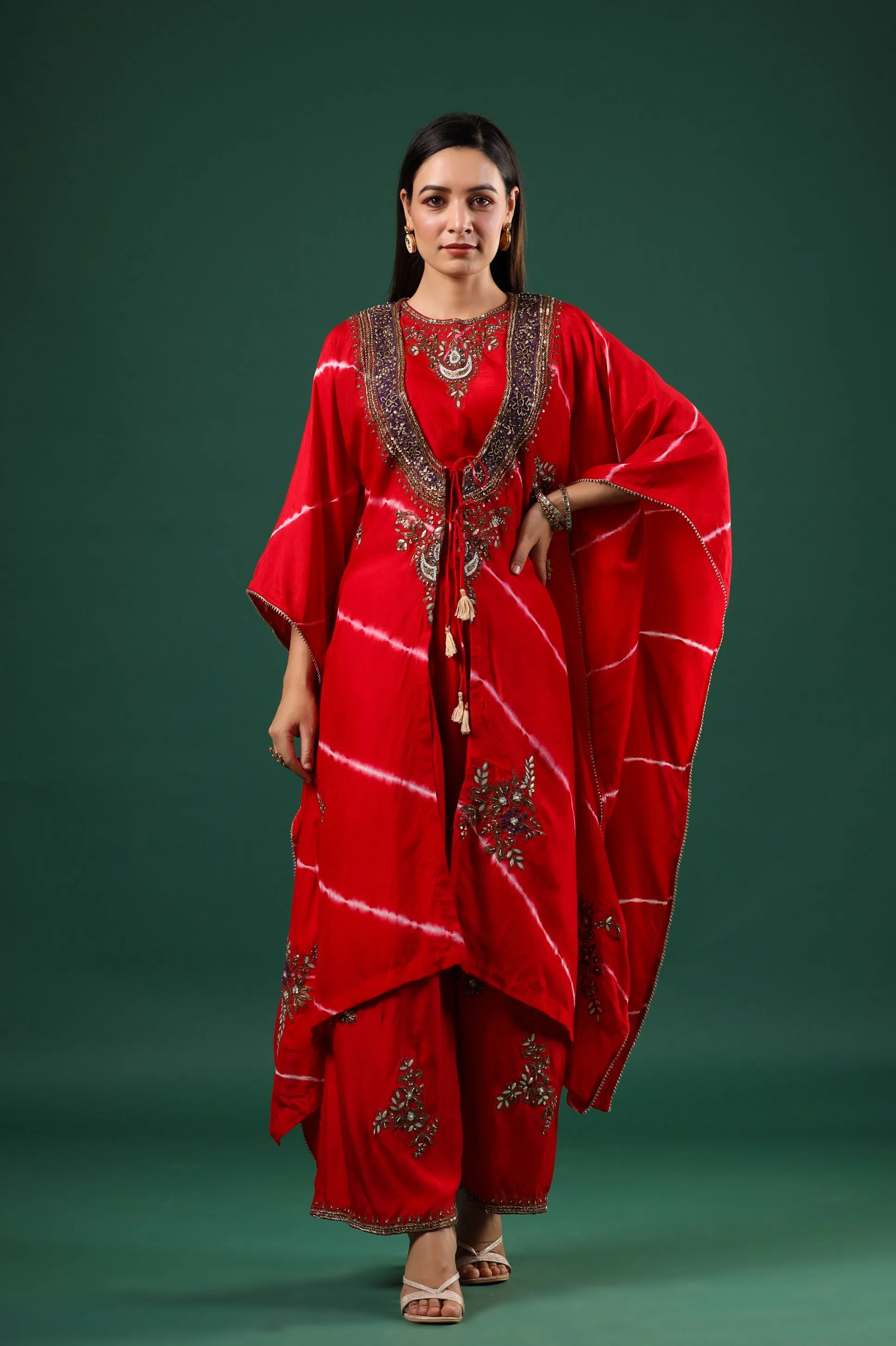 Red Embellished Raw Silk Cape Set