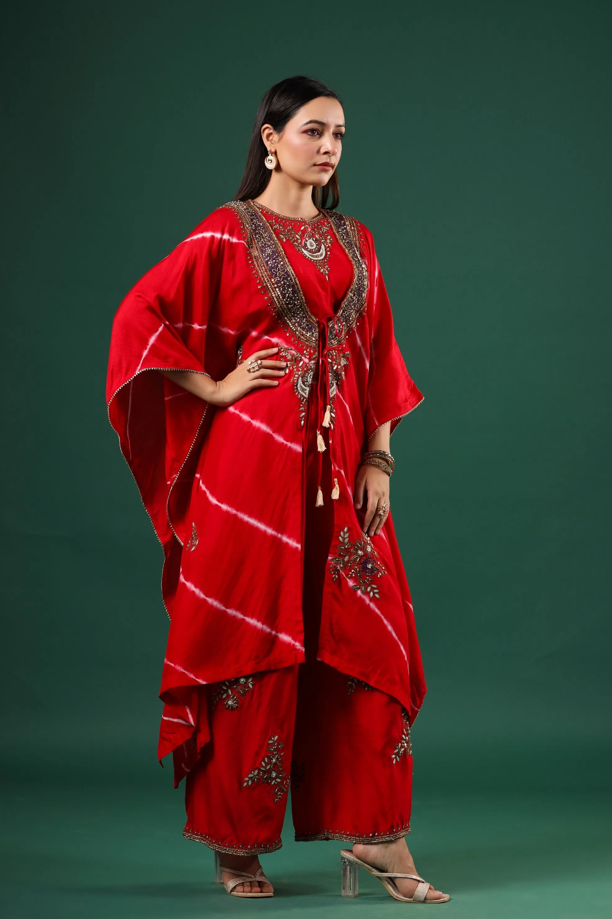 Red Embellished Raw Silk Cape Set