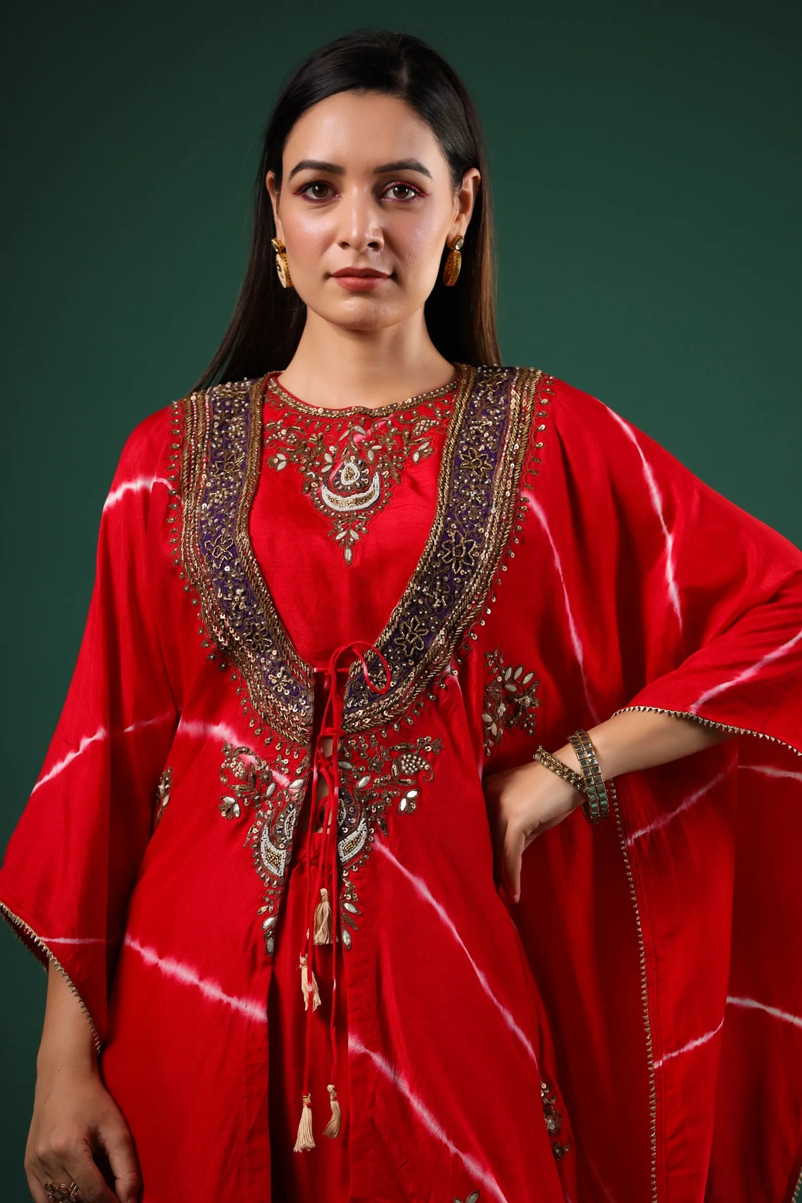 Red Embellished Raw Silk Cape Set