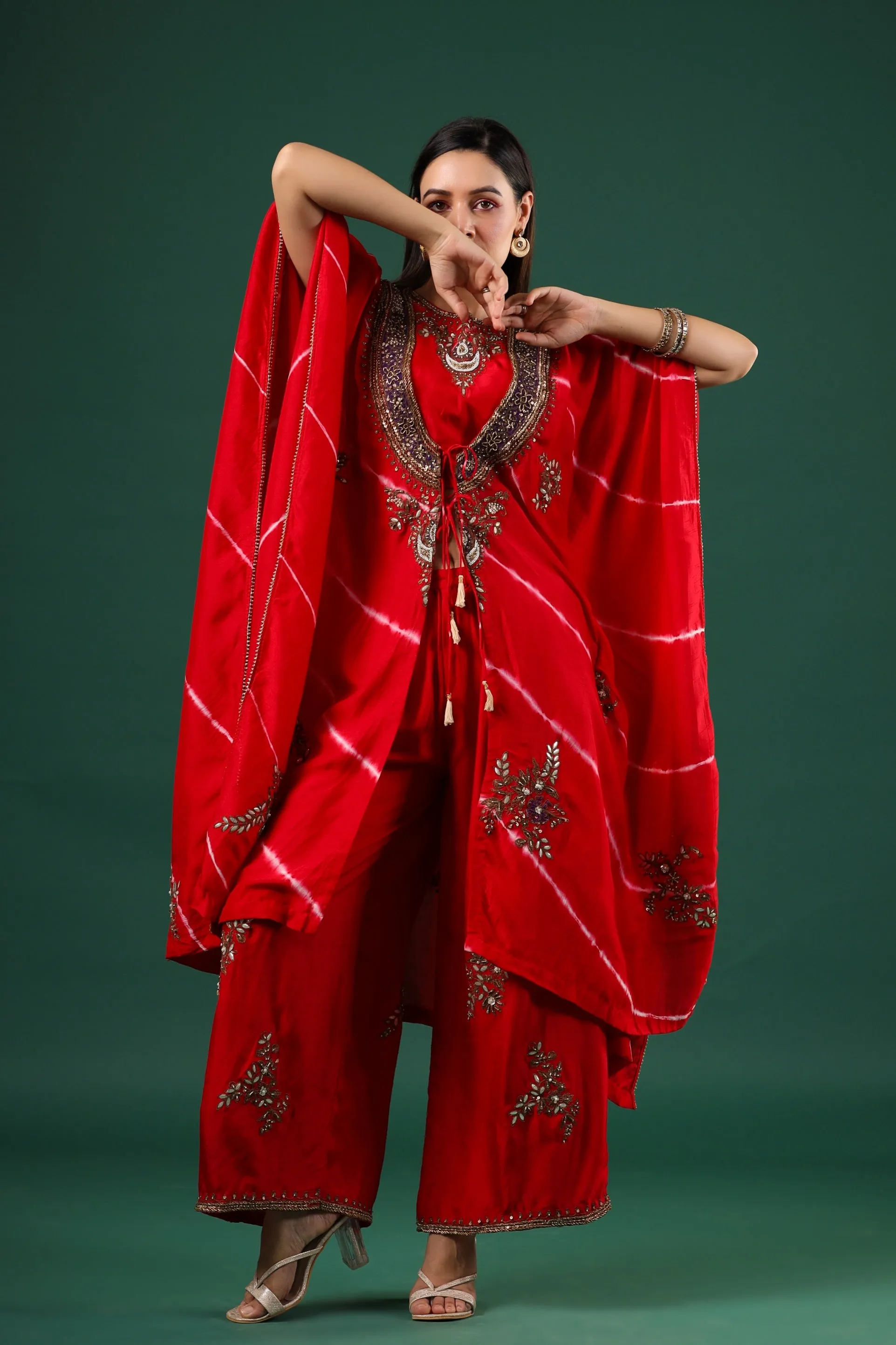 Red Embellished Raw Silk Cape Set