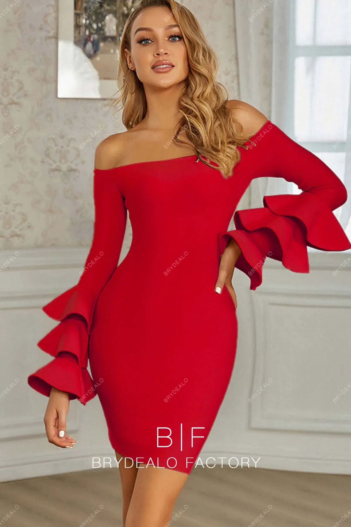 Red Off Shoulder Layered Sleeves Bodycon Cocktail Homecoming Dress