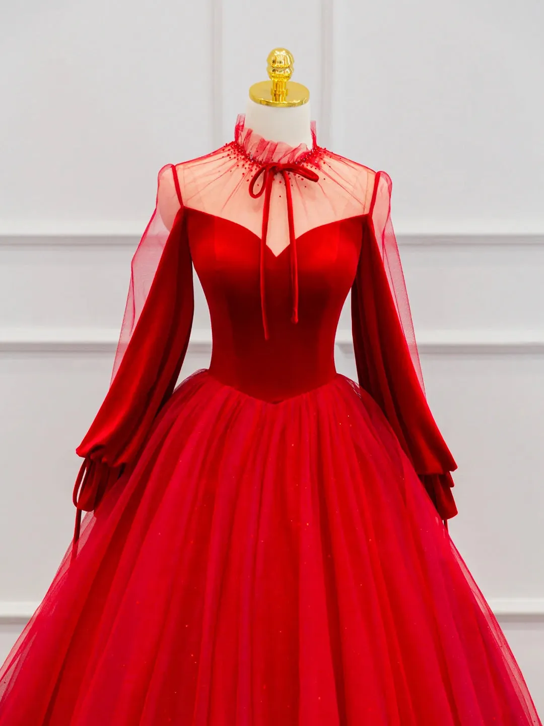 Red Velvet Tulle Floor Length Prom Dress Beautiful Long Sleeve Evening Party Dress